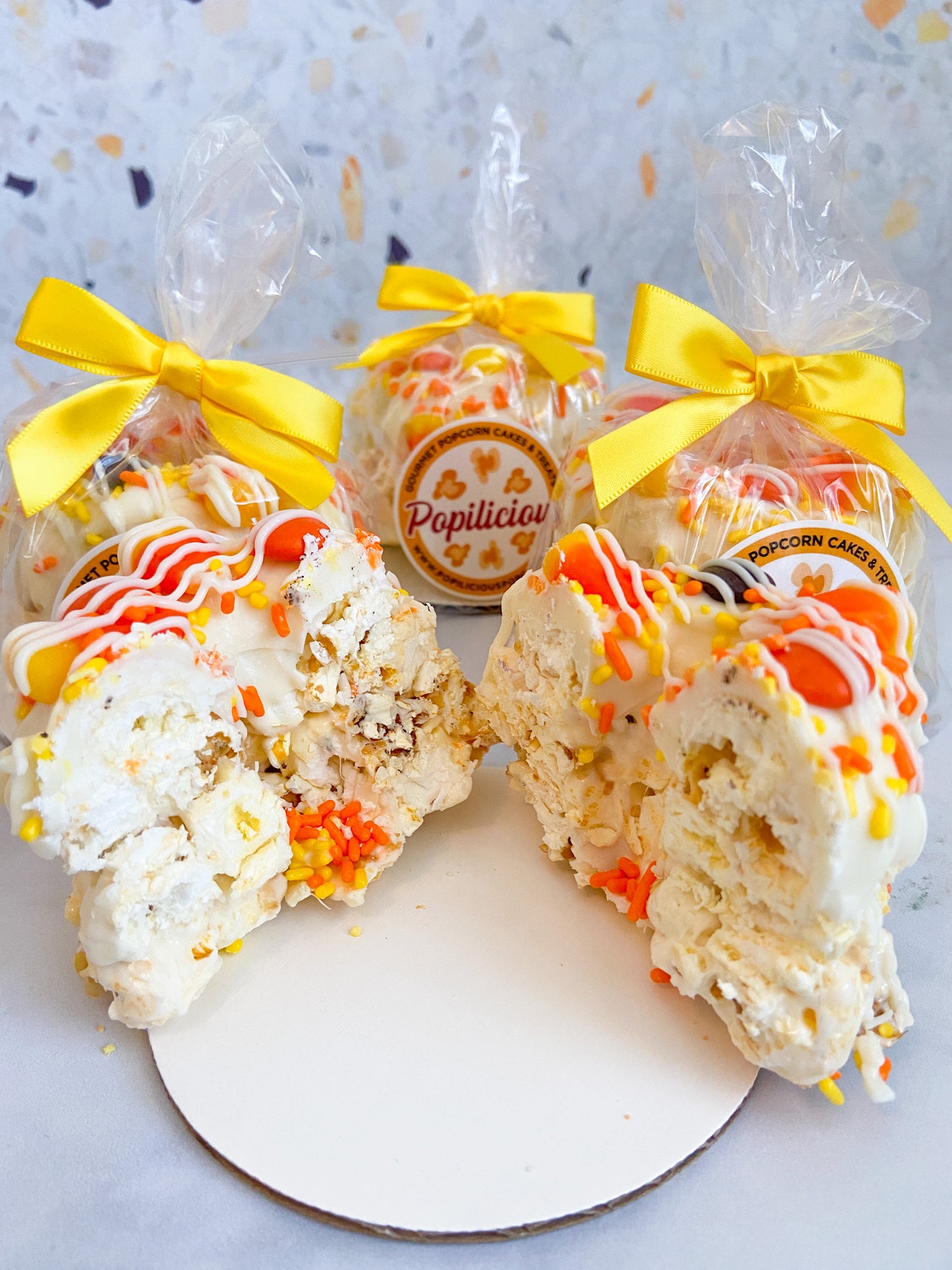 Candy Corn Mini Gourmet Popcorn Cakes