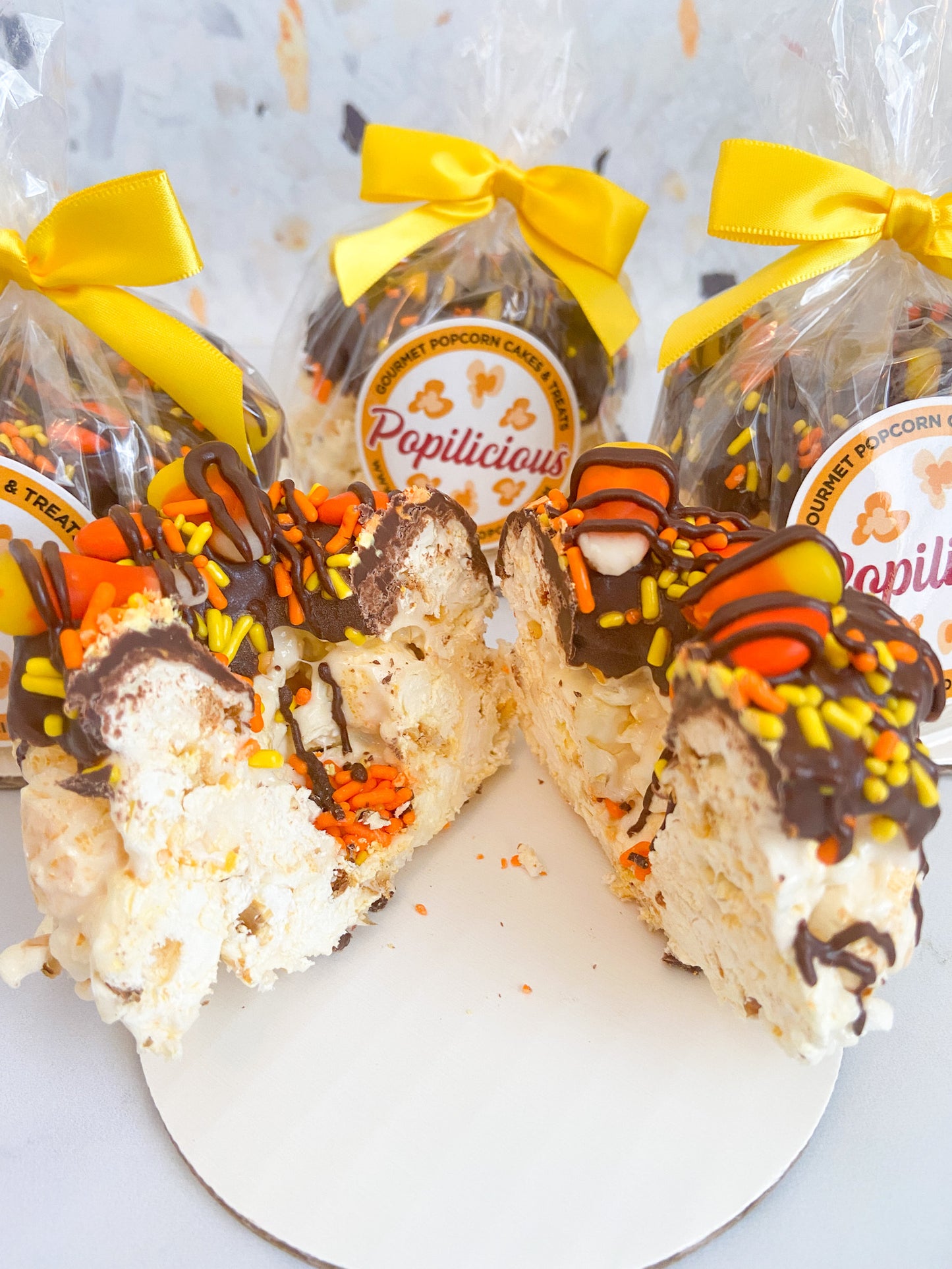 Candy Corn Mini Gourmet Popcorn Cakes