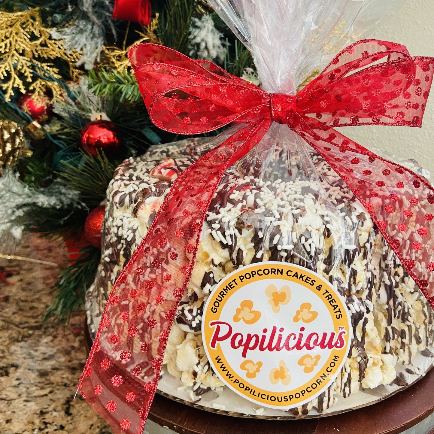 Chocolate Candy Cane Gourmet Popcorn Cake